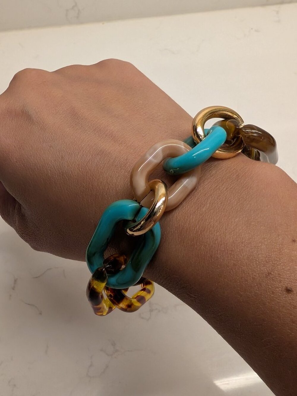 Erimish Chunky Acrylic Link Bracelet Turquoise Tortoise Gold 8" Statement
